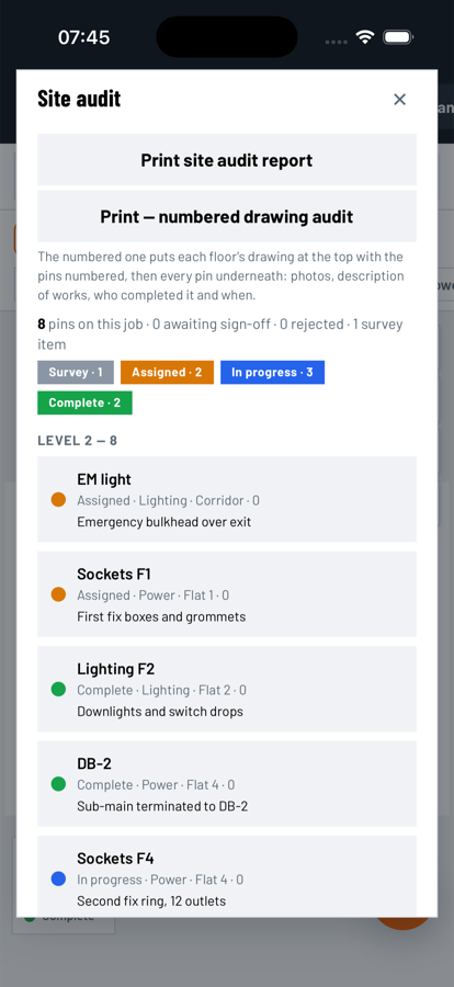 PinMap site audit sheet listing pins by floor with status, system and description