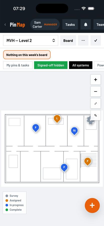 PinMap on an iPhone showing a floor plan with pins for power, lighting and fire alarm work